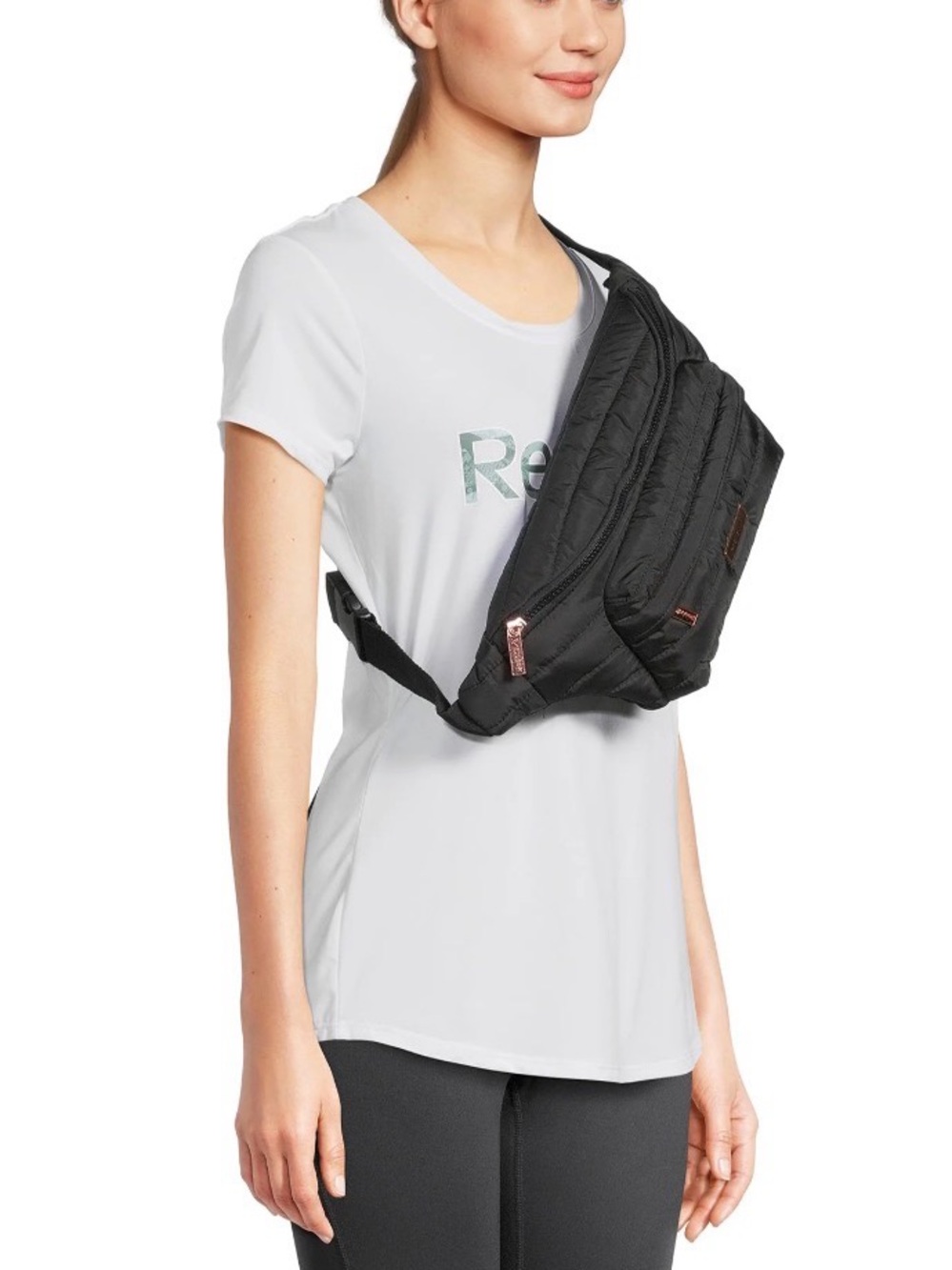 Reebok Black Quilted Crossbody Belt Bag with Rose Gold Accents